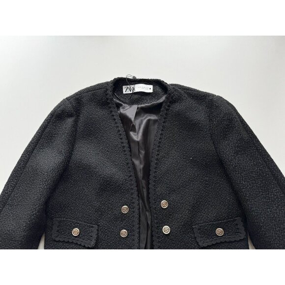 NWOT ZARA Black Textured Boucle Tweed Buttoned Open Front Blazer Jacket, Size M - Picture 6 of 16